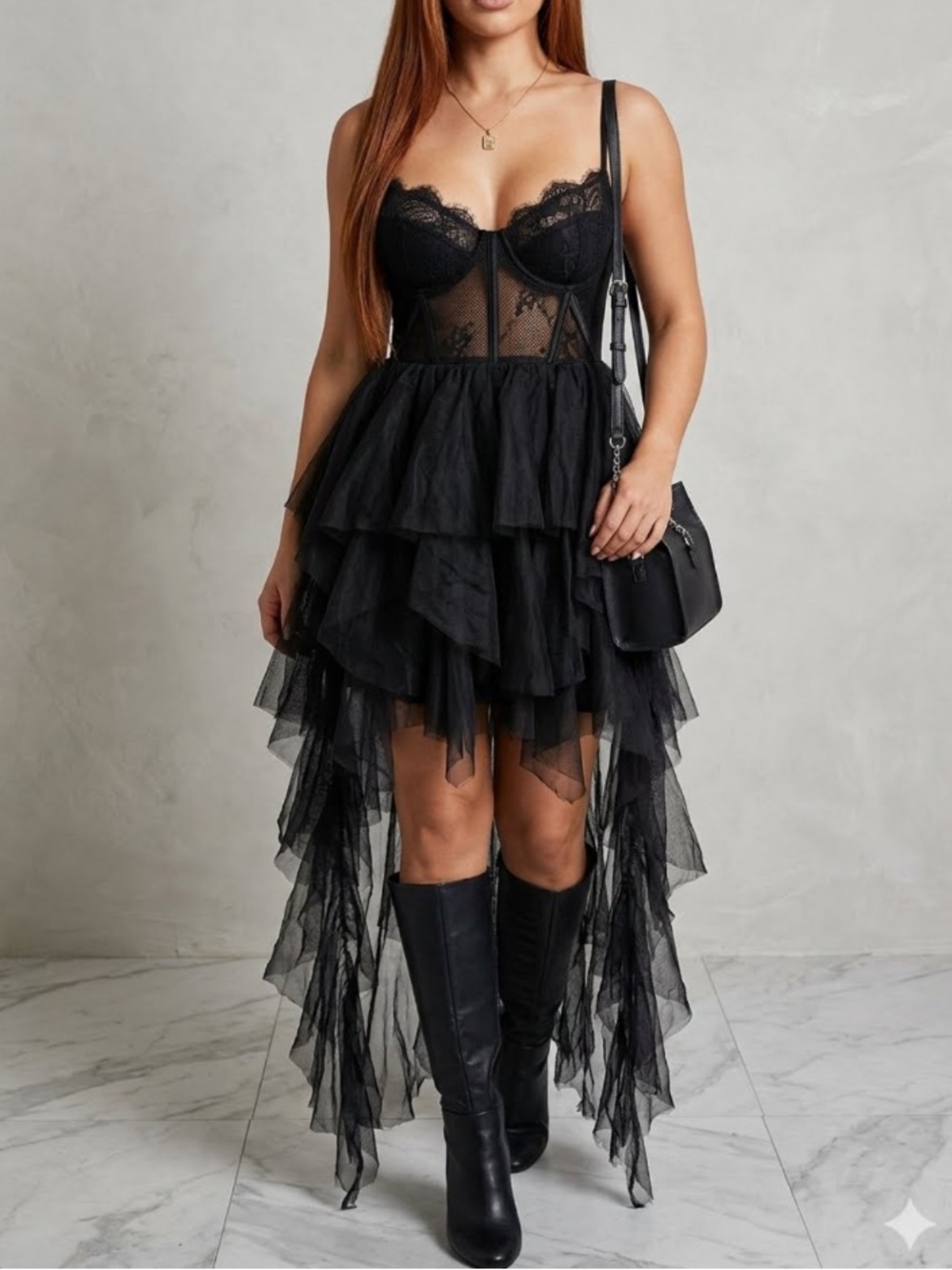 Black Tulle Lolita corset Dress with Lace Details size XS NEW